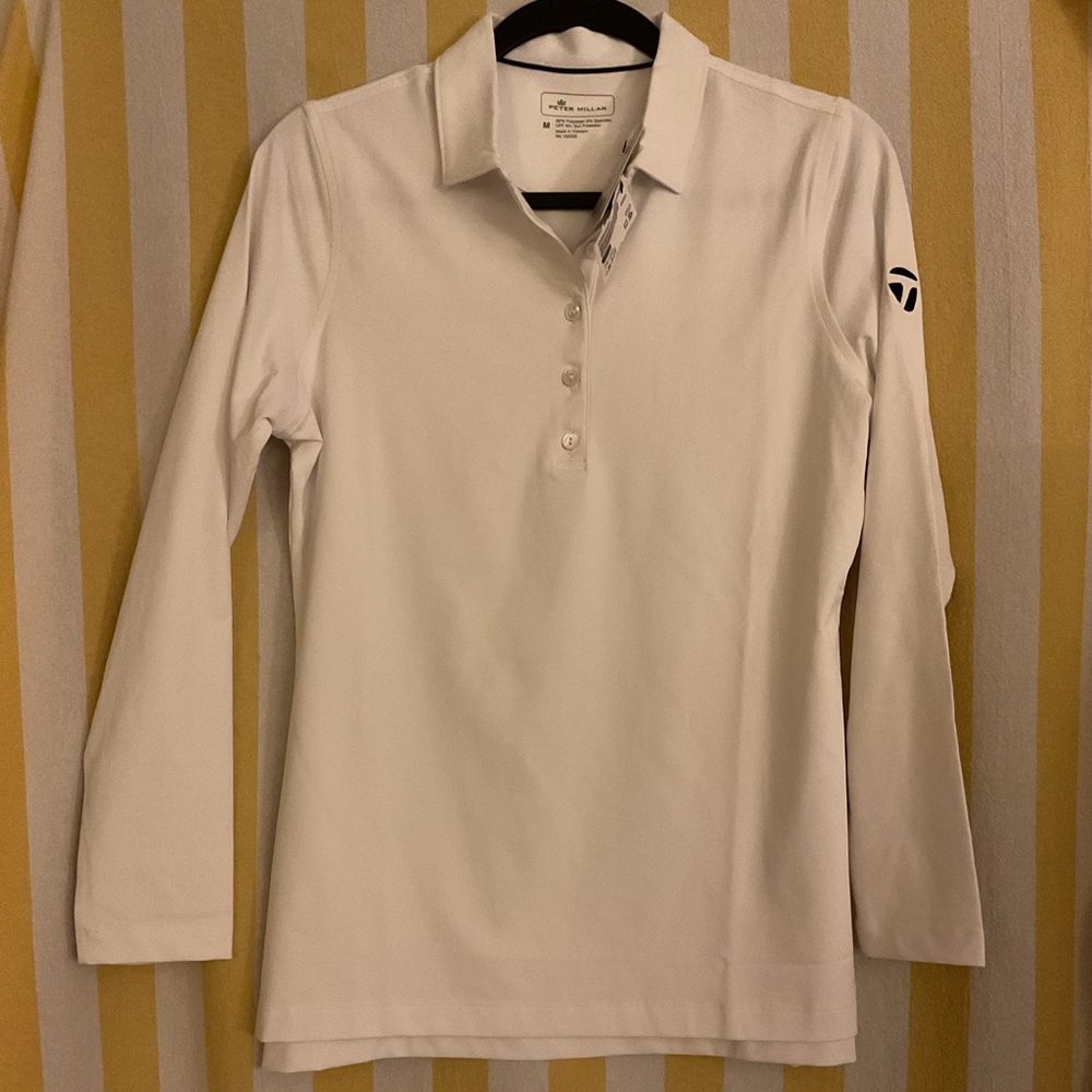 NWT Peter Millar Women’s White Long Sleeve Polo Shirt Size M UPF 50+ Golf